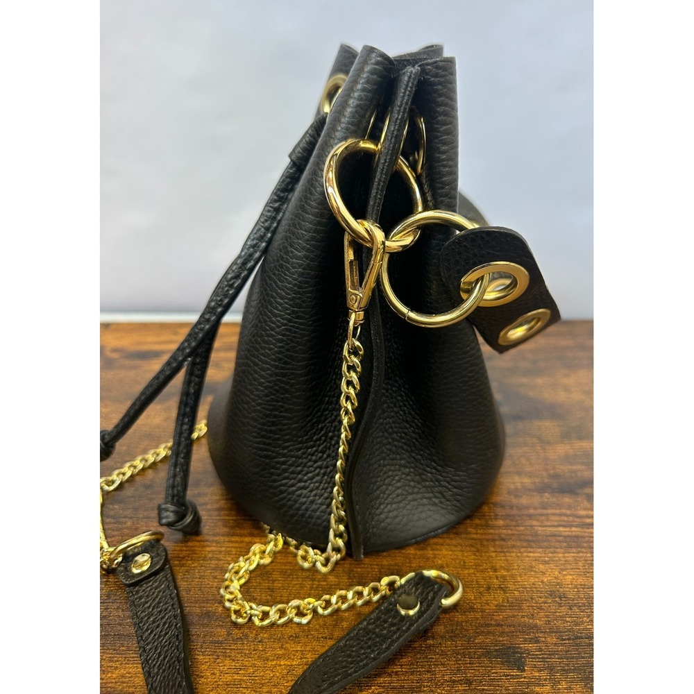Vera Pelle Pebbled Leather Bucket Drawstring Bag Gold Chain Cross Body Purse EUC - Picture 5 of 16